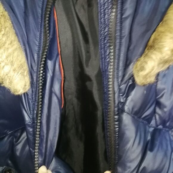 KENSIE Dark Blue Down Large Faux Fur Hooded Puffer Winter Coat Size Medium - Picture 4 of 15